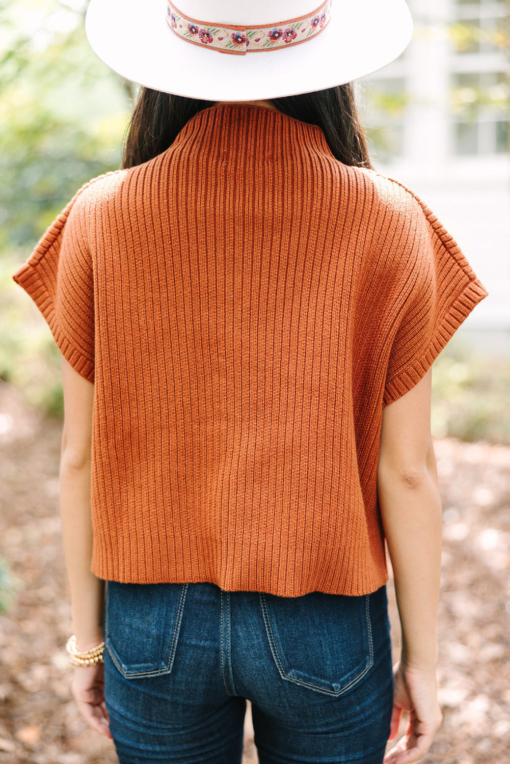 Gold Flame Pattern Patch Pocket Ribbed Knit Short Sleeve Sweater - Statement Style