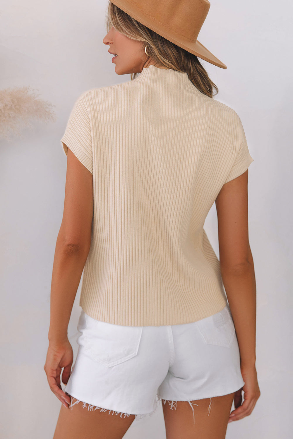 Oatmeal Ribbed Knit Short Sleeve Sweater with Patch Pocket