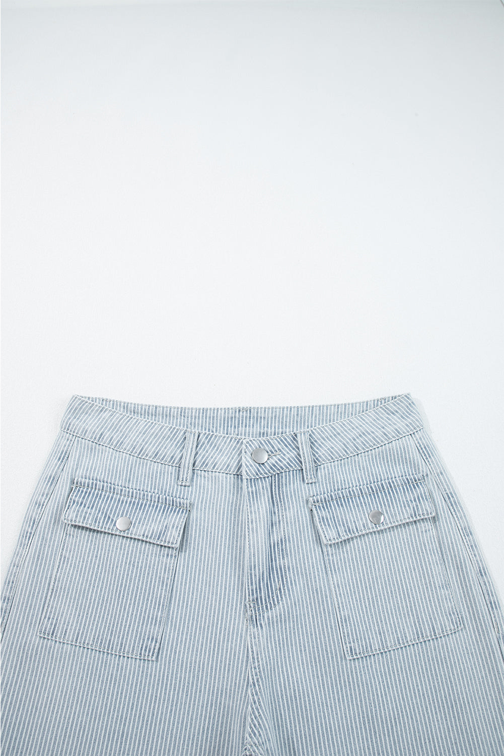 Sky Blue Stripe Button Flap Pocket Cuffed Hem Wide Leg Jeans