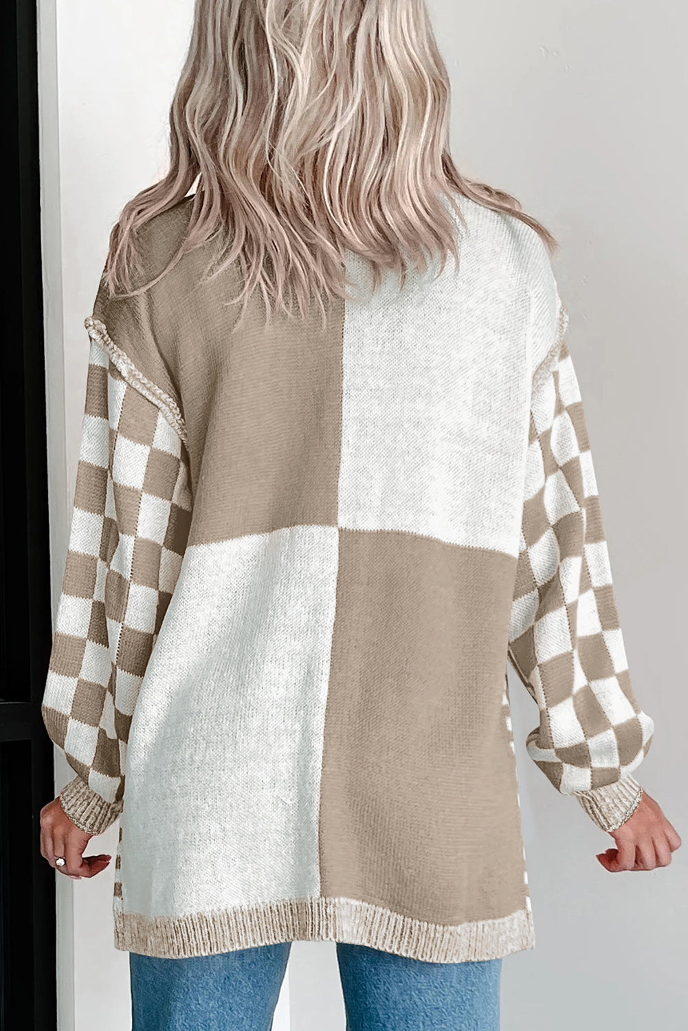 Brown Checkered Open Front Drop Shoulder Cardigan - Cozy Layer