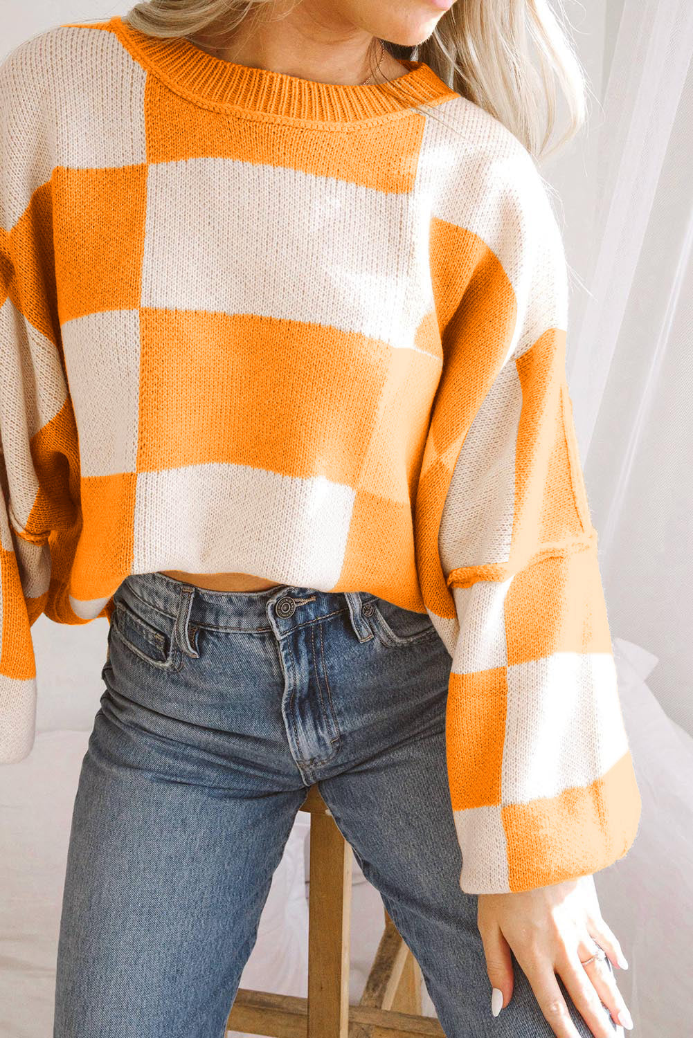 Orange Checkered Bishop Sleeve Sweater - Trendy Fall Knit