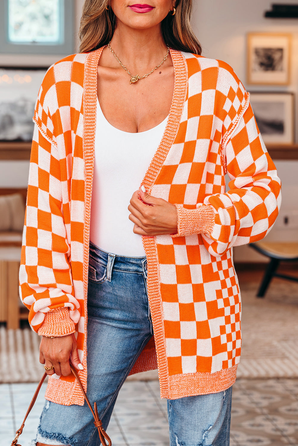 Orange Checkered Open Front Drop Shoulder Cardigan - Vibrant Fall Layer
