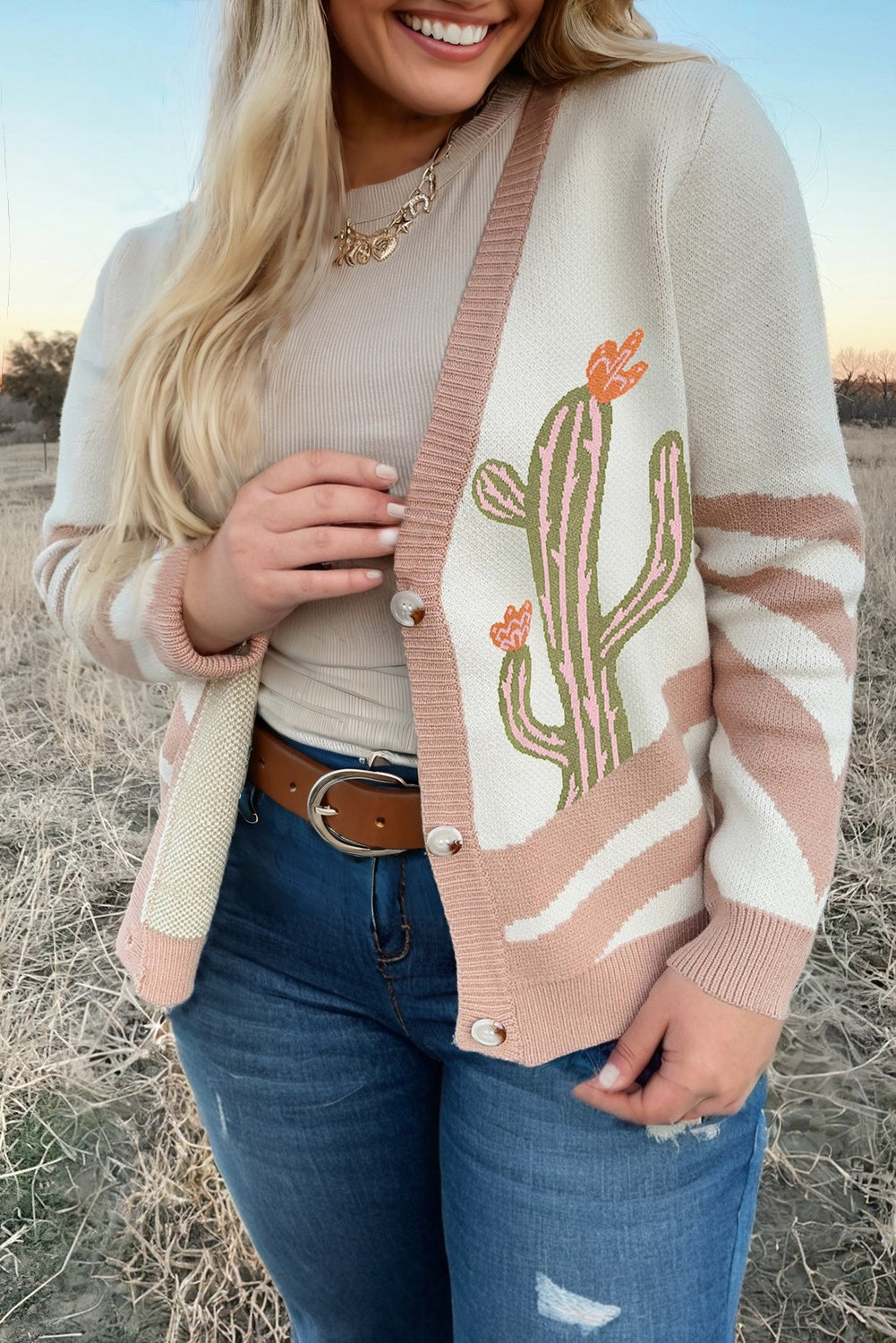Apricot Western Desert Cactus Print Plus Size Button Cardigan Sweater - Boho Style