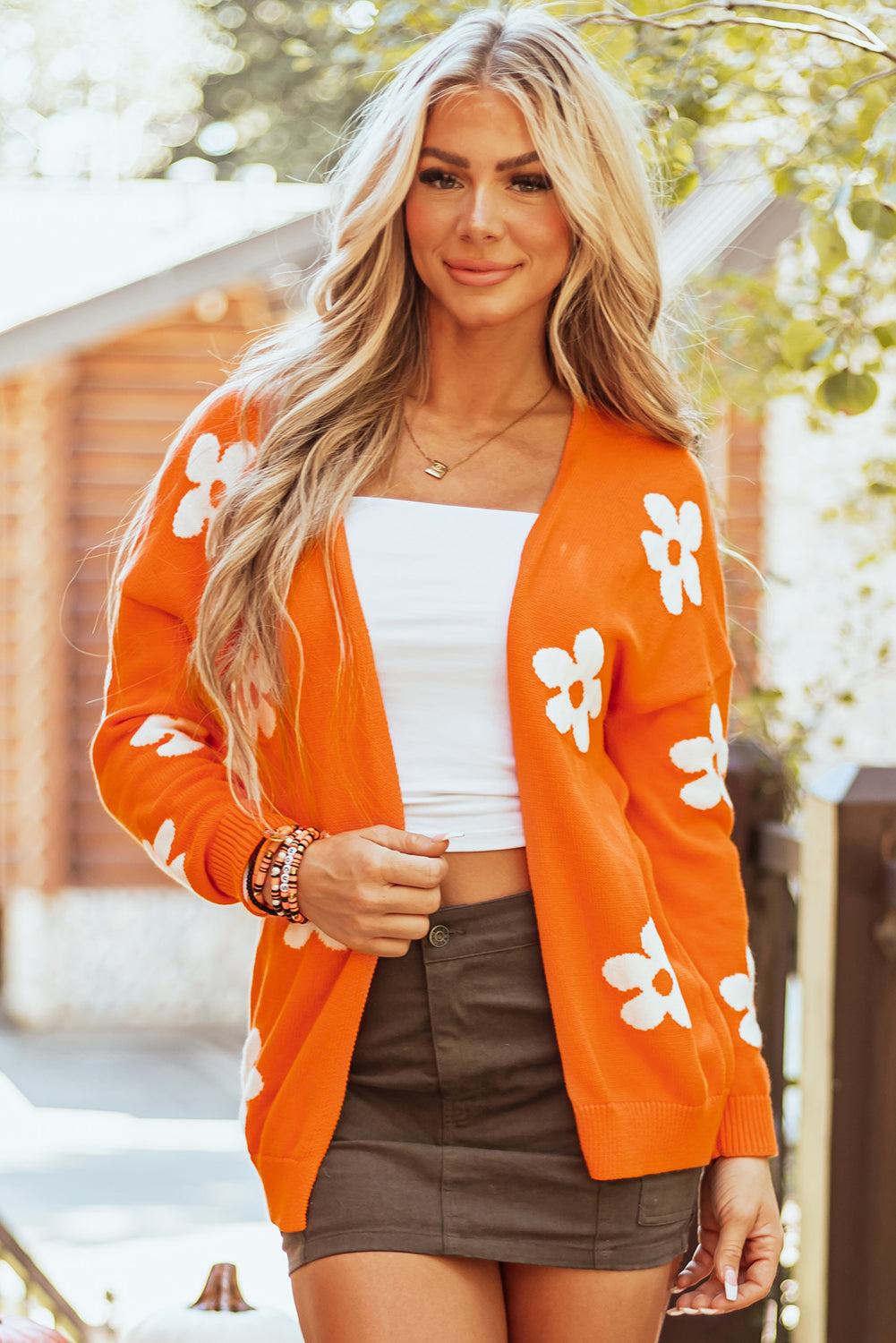 Orange Floral Print Open Front Cardigan - Cozy Fall Knit Sweater