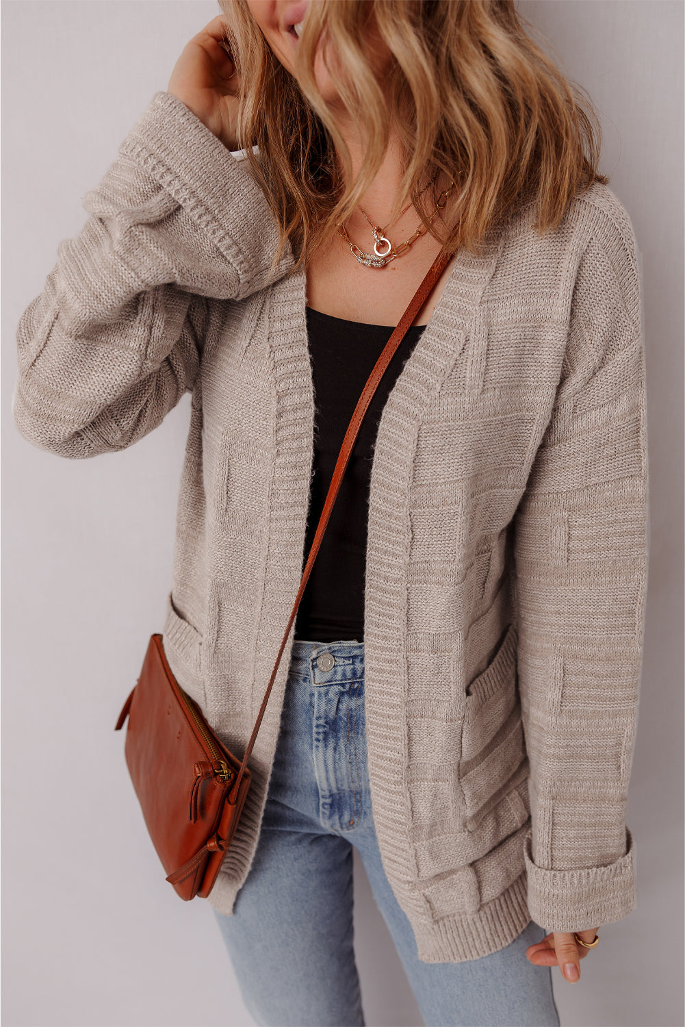 Delicacy Textured Knit Open Front Chic Cardigan with Pockets - Elegant Style