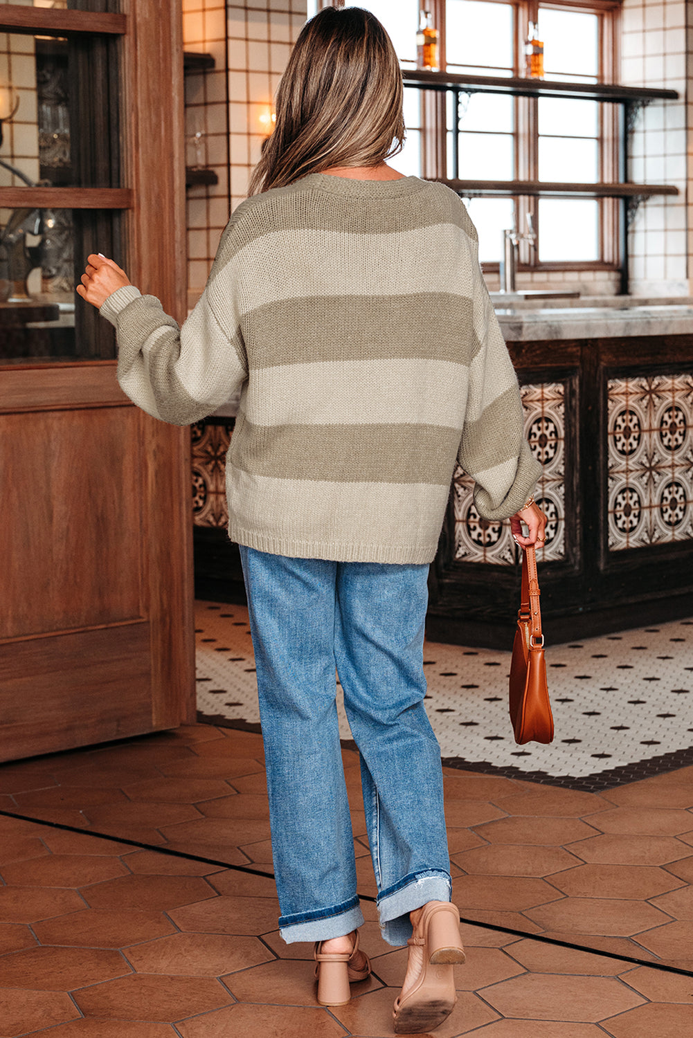 Khaki Striped Color Block Brushed Knit Bow Tie Front Sweater Cardigan - Feminine Detail