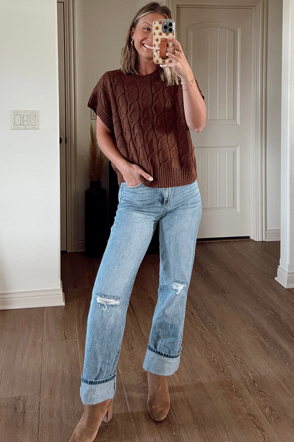 Dark Brown Cable Texture Crew Neck Short Sleeve Sweater Top - Rich Elegance