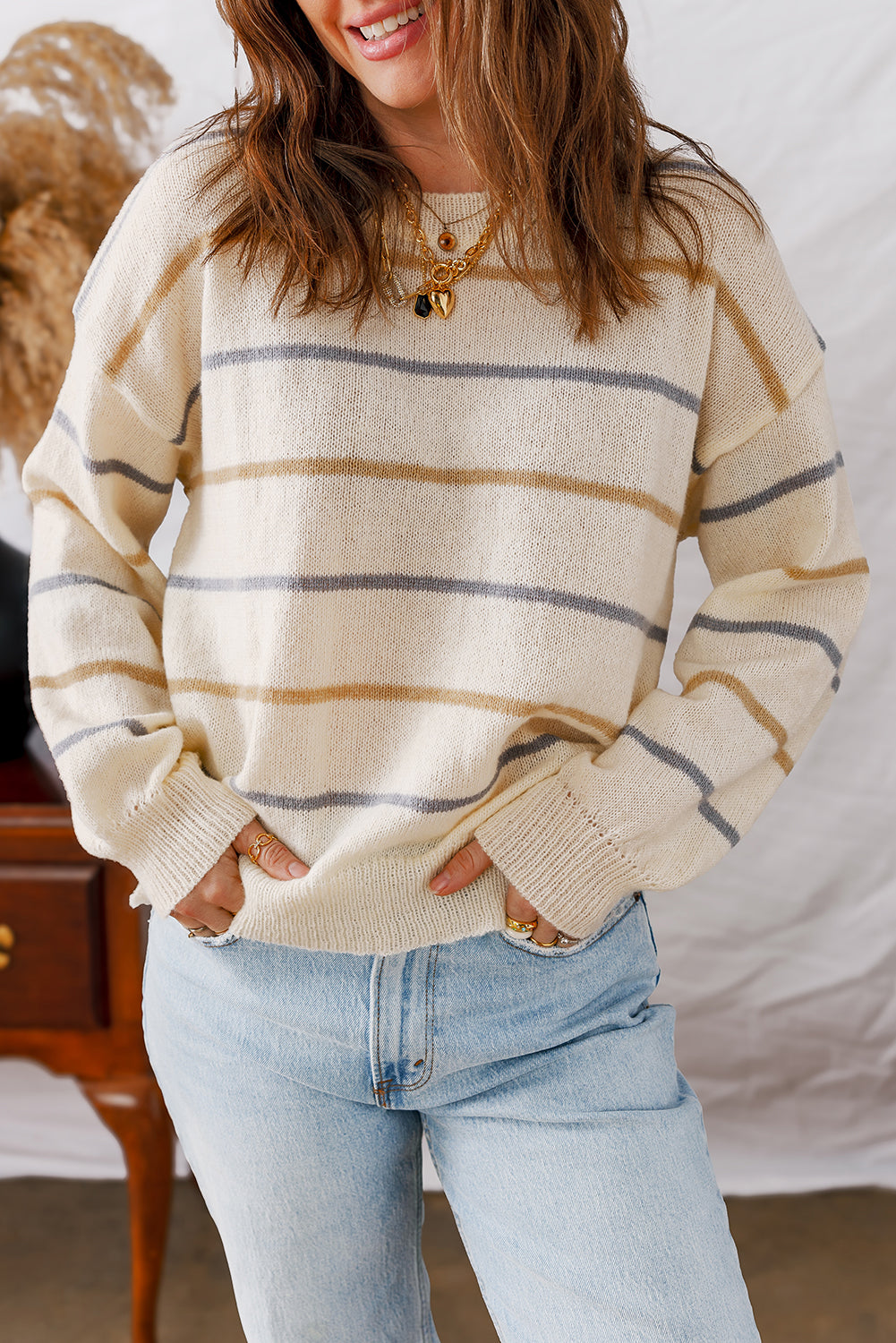 Multicolour Striped Ribbed Edge Drop Shoulder Sweater - Rainbow Style