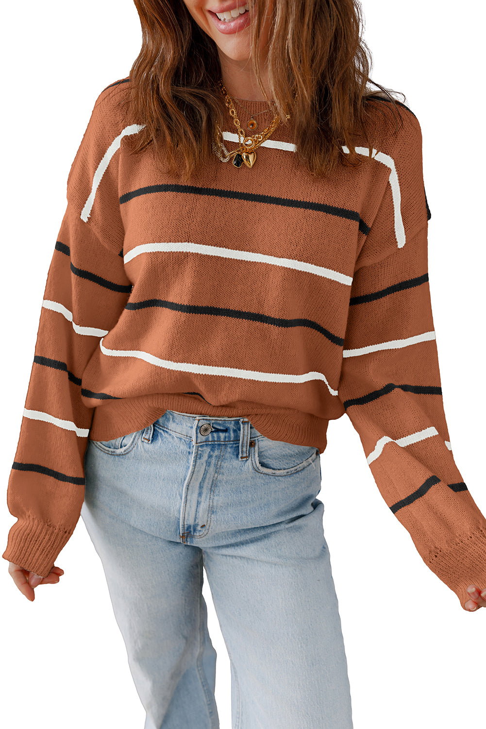 Brown Stripe Striped Ribbed Edge Drop Shoulder Sweater - Classic Pattern