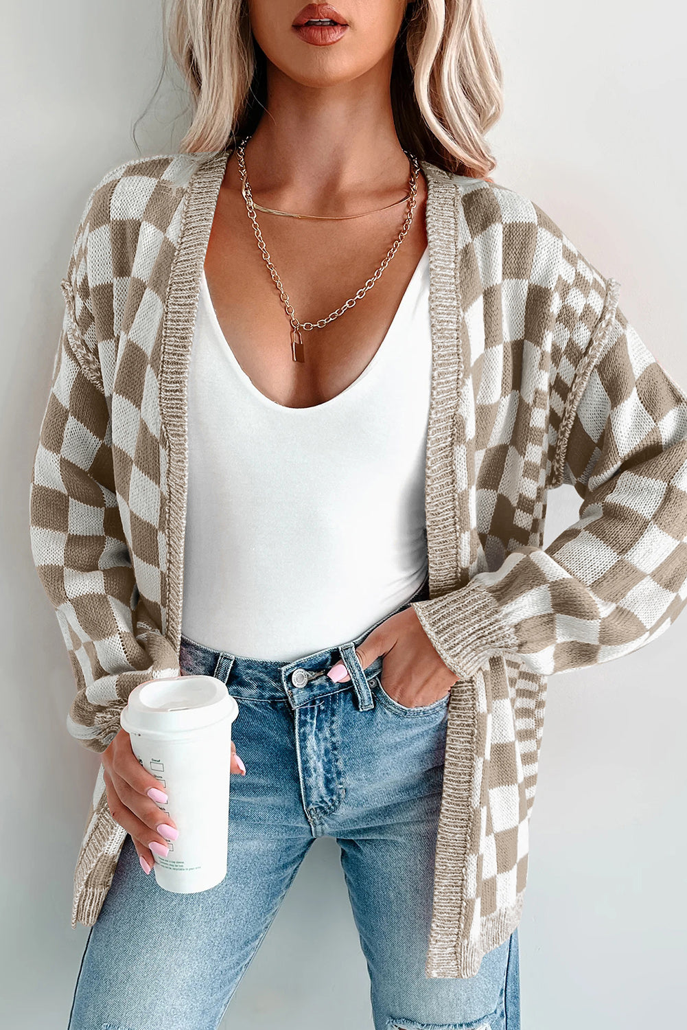 Brown Checkered Open Front Drop Shoulder Cardigan - Cozy Layer