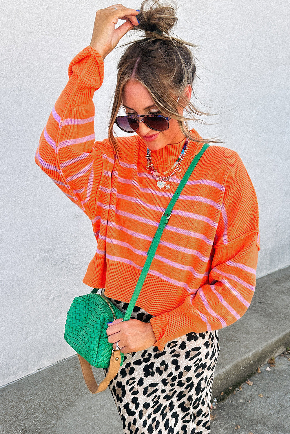 Orange Stripe Ribbed High Neck Drop Shoulder Boxy Fit Sweater - Modern Comfort