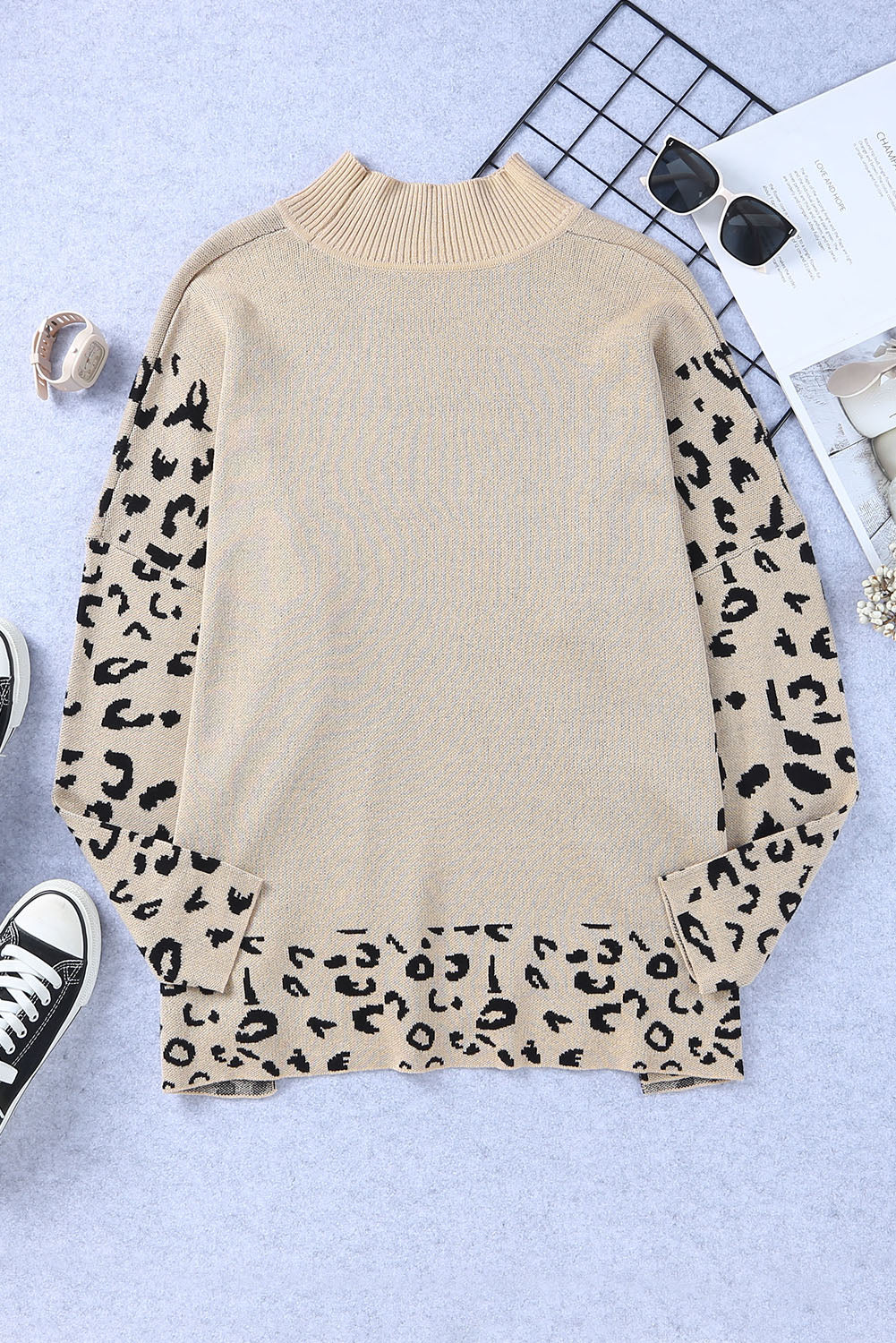 Khaki Leopard Print High Neck Oversized Sweater - Trendy Side Slits
