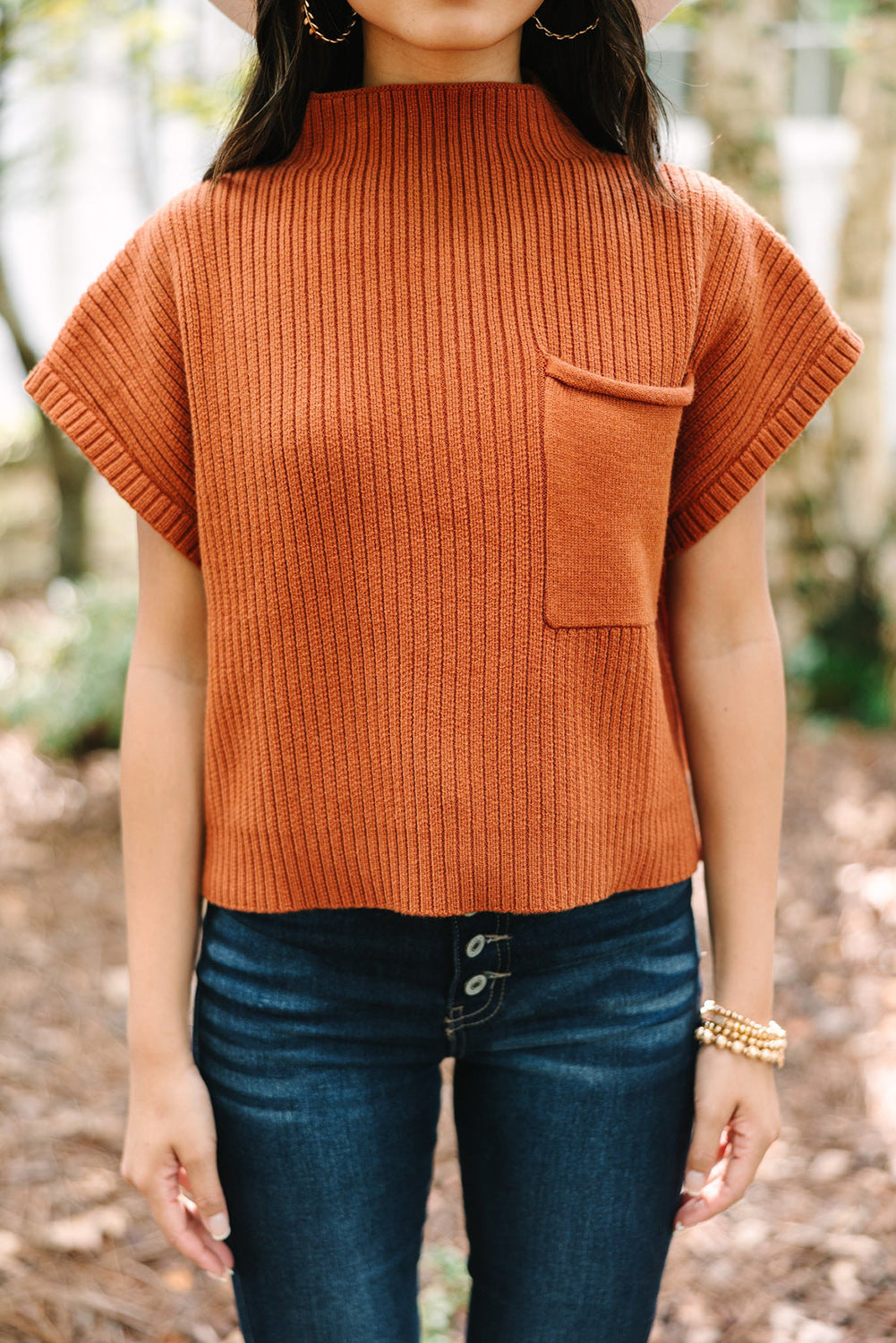 Gold Flame Pattern Patch Pocket Ribbed Knit Short Sleeve Sweater - Statement Style