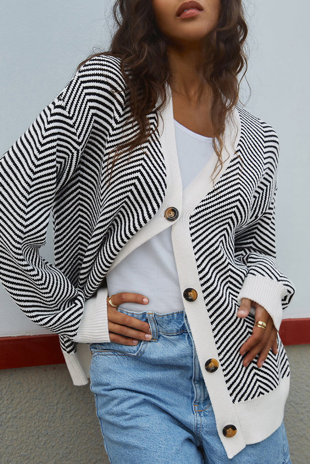Black Stripe Buttoned Front V Neck Herringbone Cardigan - Classic Elegance