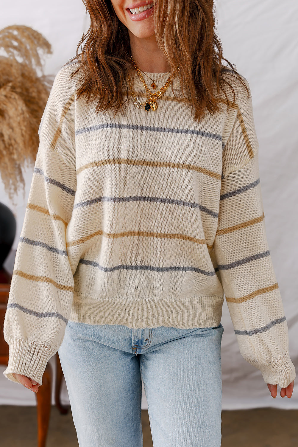 Multicolour Striped Ribbed Edge Drop Shoulder Sweater - Rainbow Style