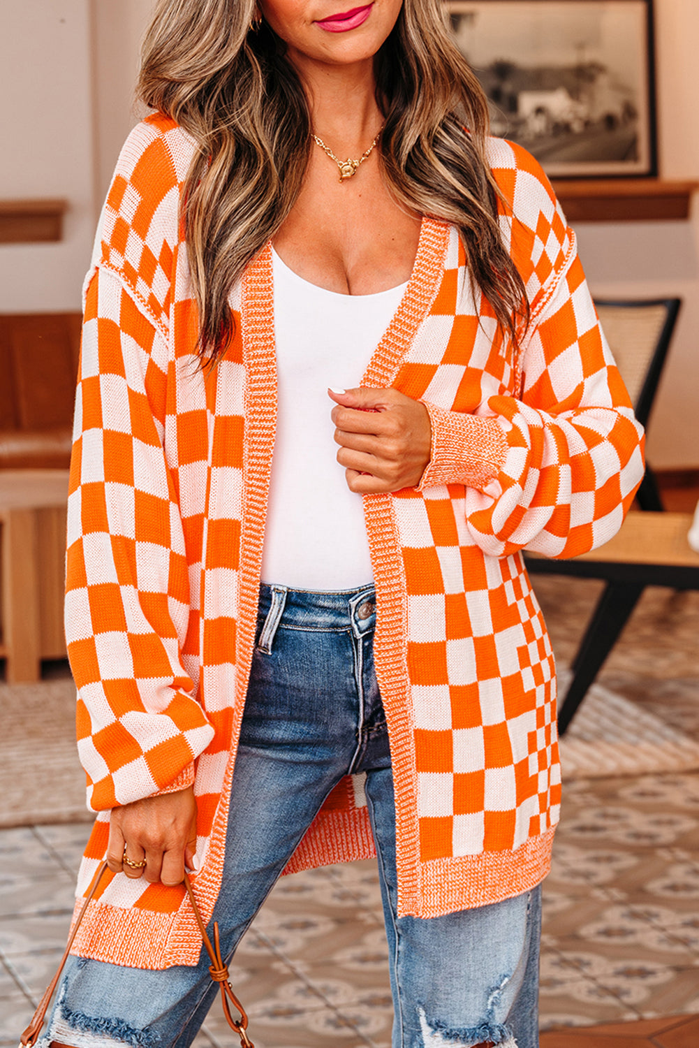 Orange Checkered Open Front Drop Shoulder Cardigan - Vibrant Fall Layer