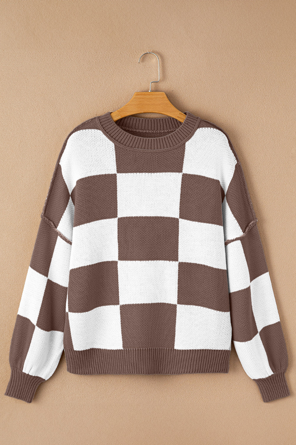 Dark Brown Checkered Bishop Sleeve Sweater - Rich Fall Statement