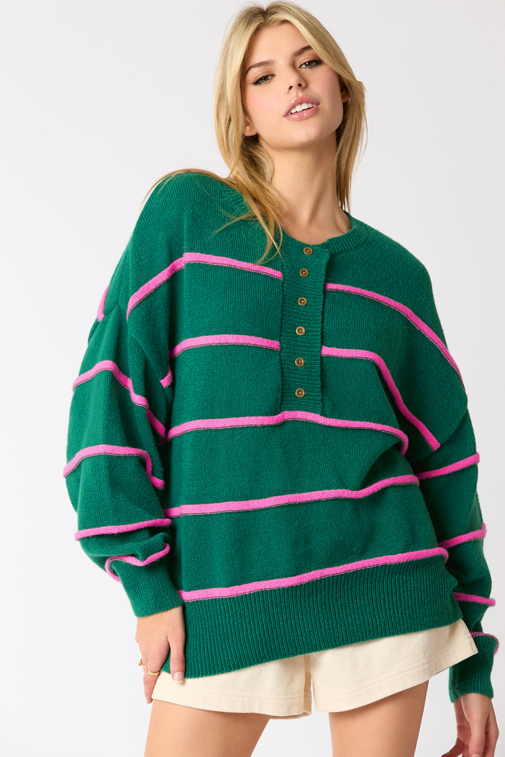 Green Stripe Half Buttons Drop Shoulder Oversized Sweater - Casual Comfort