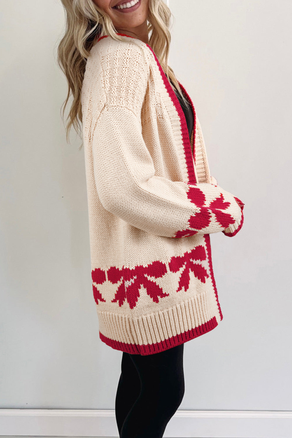 Apricot Bow Pattern Textured Open Front Baggy Cardigan - Sweet Comfort