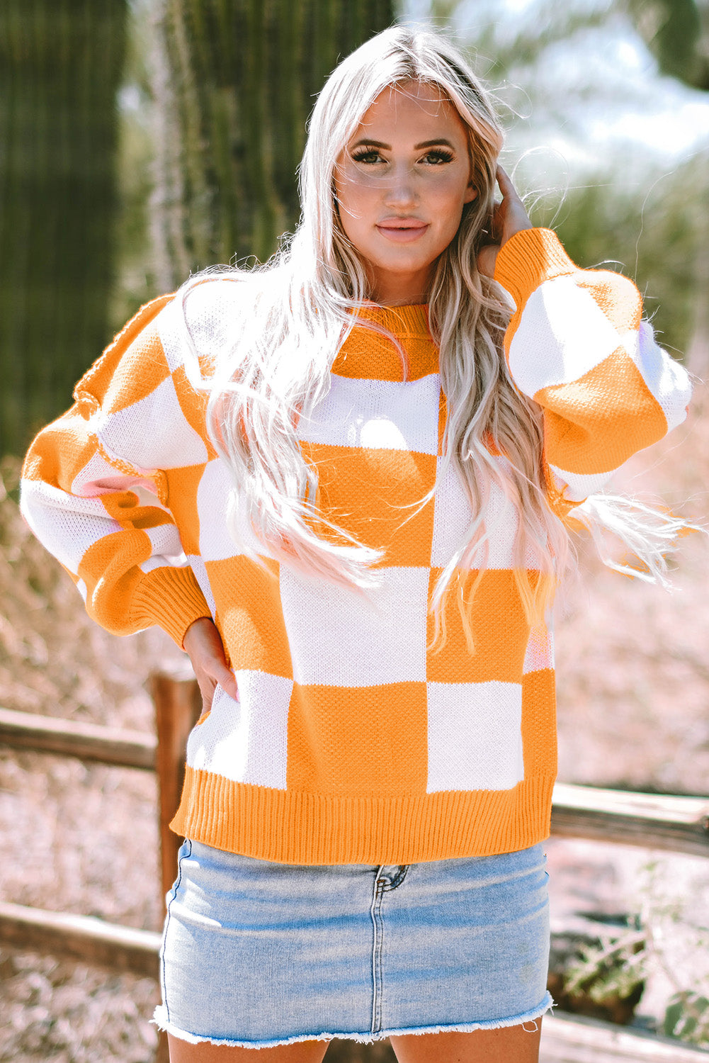 Orange Checkered Bishop Sleeve Sweater - Trendy Fall Knit