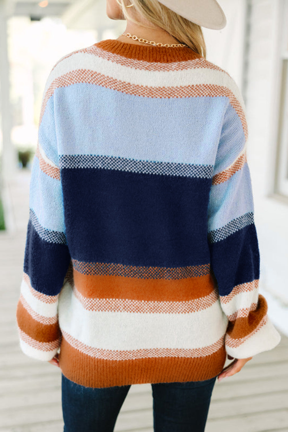 Dark Blue Color Block Round Neck Tunic Sweater - Modern Elegance