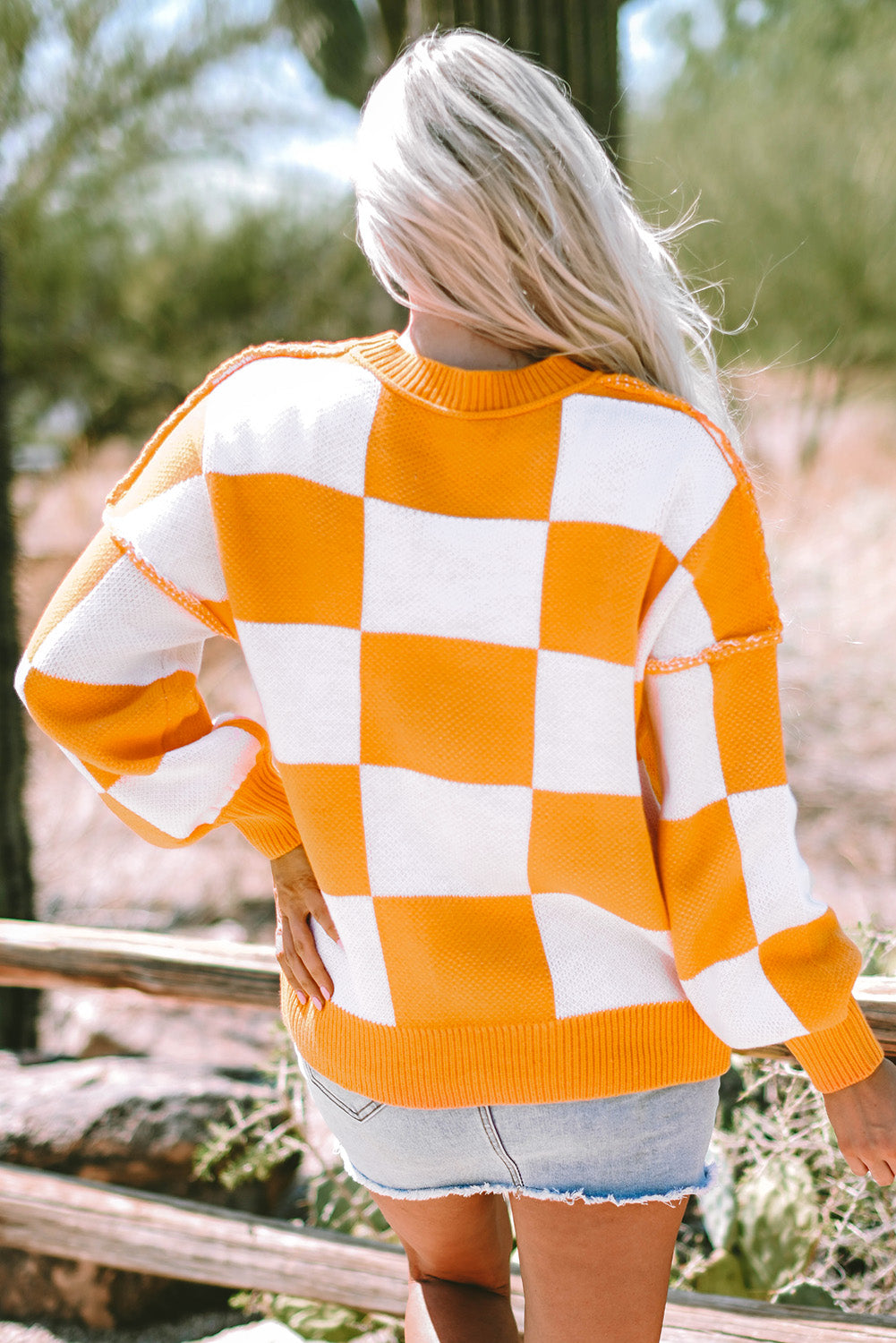 Orange Checkered Bishop Sleeve Sweater - Trendy Fall Knit