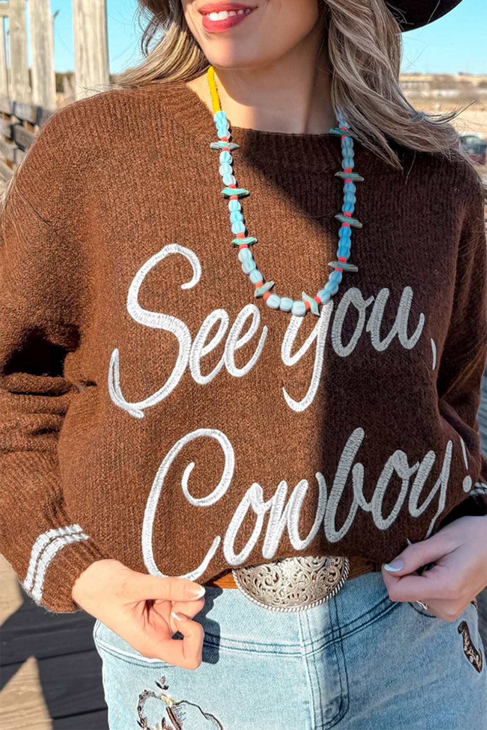 Coffee See You Cowboy Embroidered Western Graphic Sweater - Ranch Style