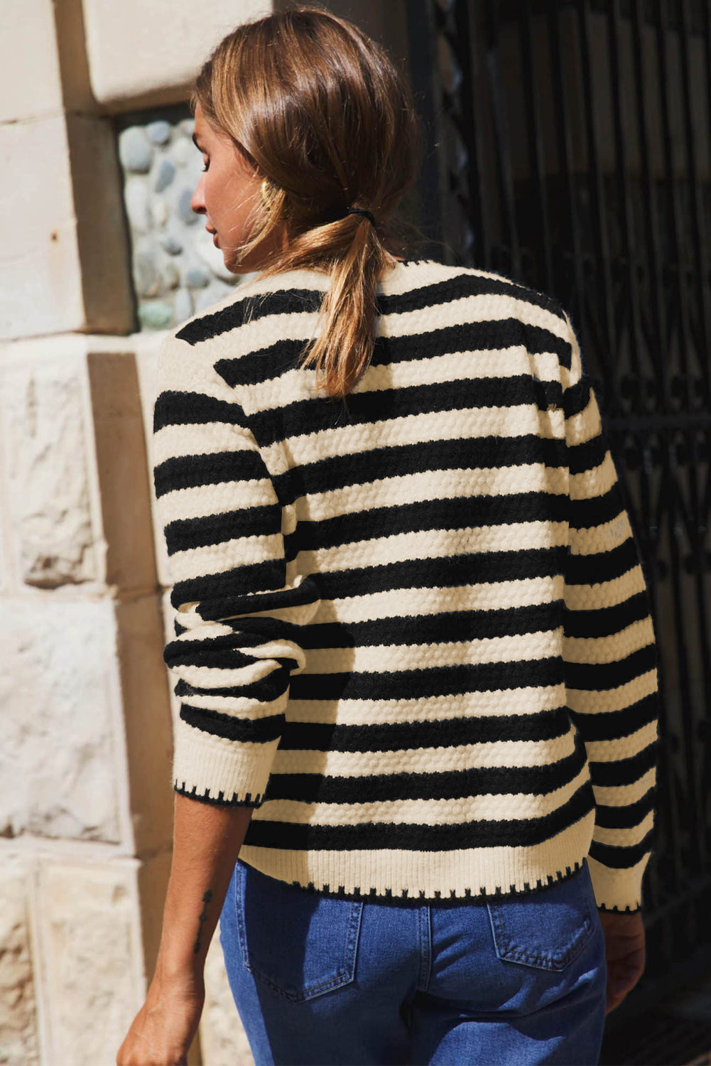 Apricot Stripe Chic Golden Button Cardigan Sweater - Luxe Details