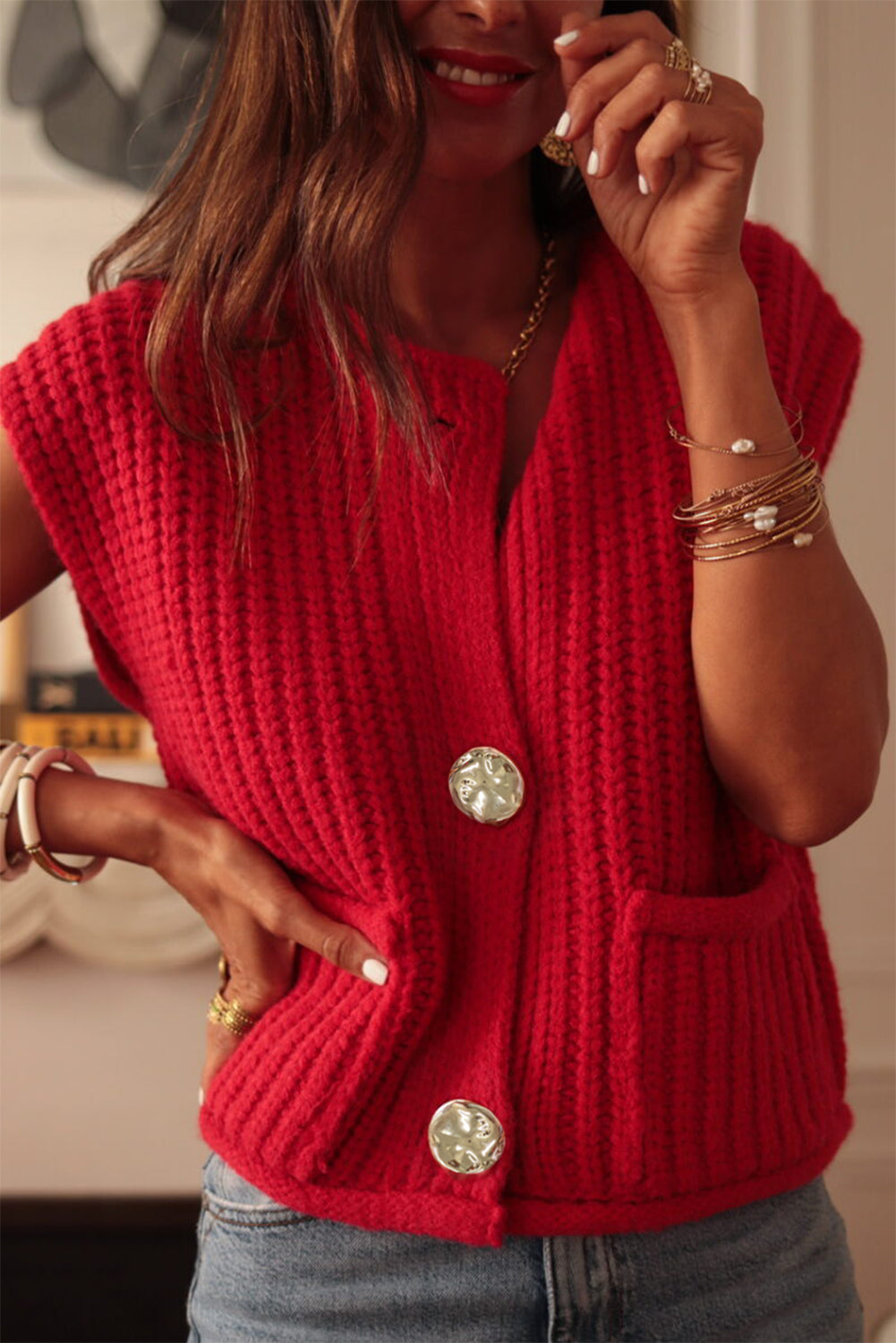 Fiery Red Solid Textured Knit Side Pockets Buttoned Sweater Vest - Bold Statement