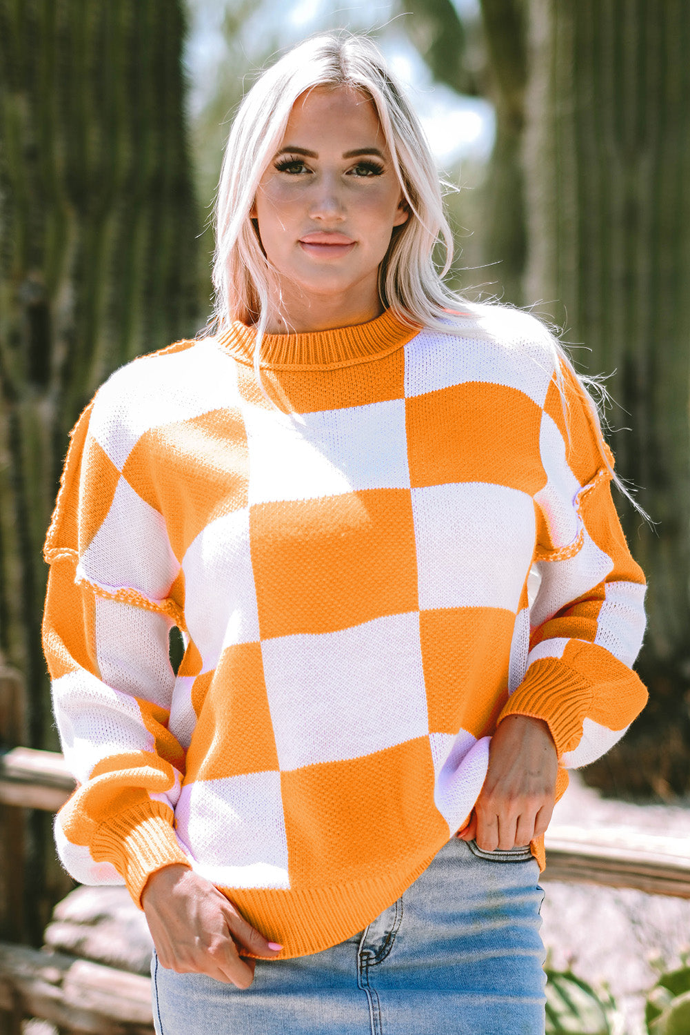 Orange Checkered Bishop Sleeve Sweater - Trendy Fall Knit
