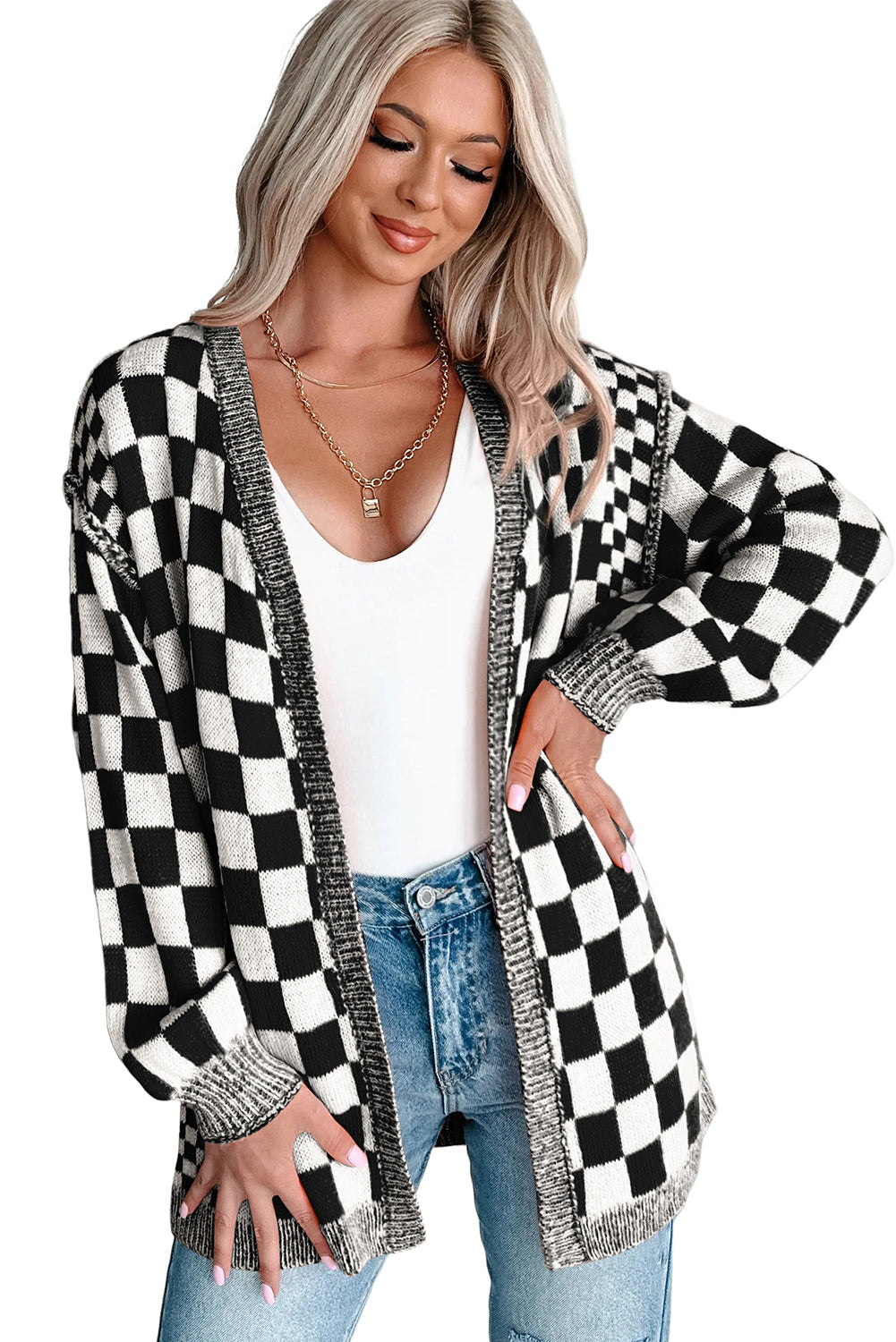 Black Checkered Open Front Drop Shoulder Cardigan - Timeless Classic Layer