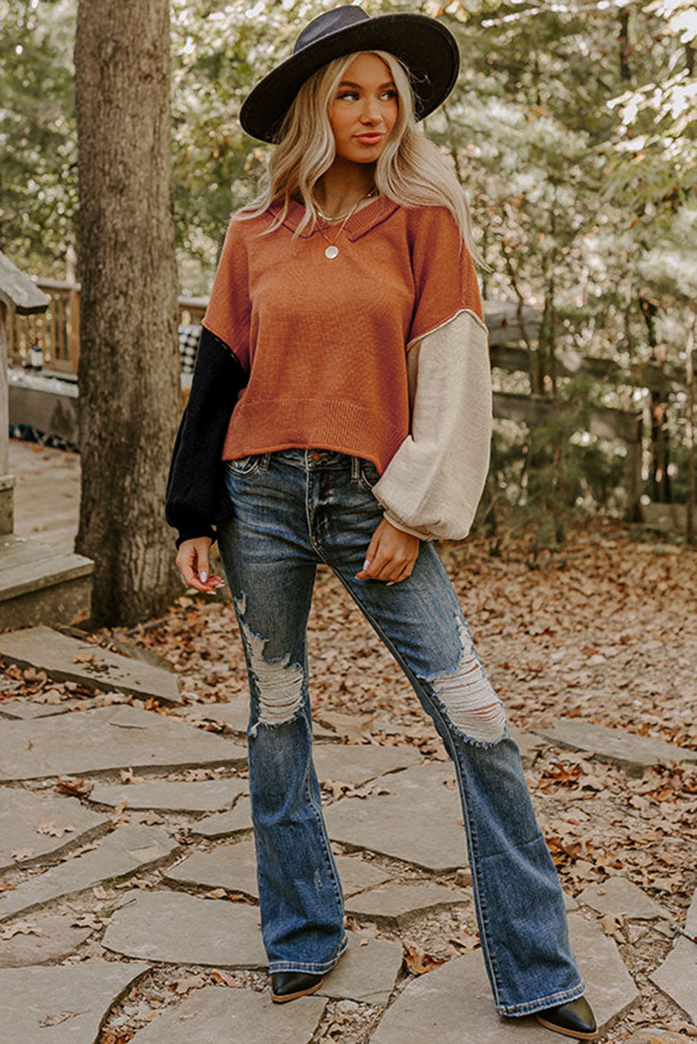 Desert Gold Colorblock Raw Edge Bubble Sleeve V Neck Sweater - Statement Style