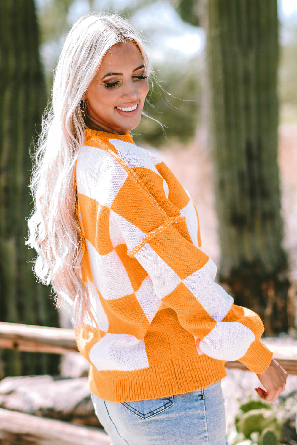 Orange Checkered Bishop Sleeve Sweater - Trendy Fall Knit