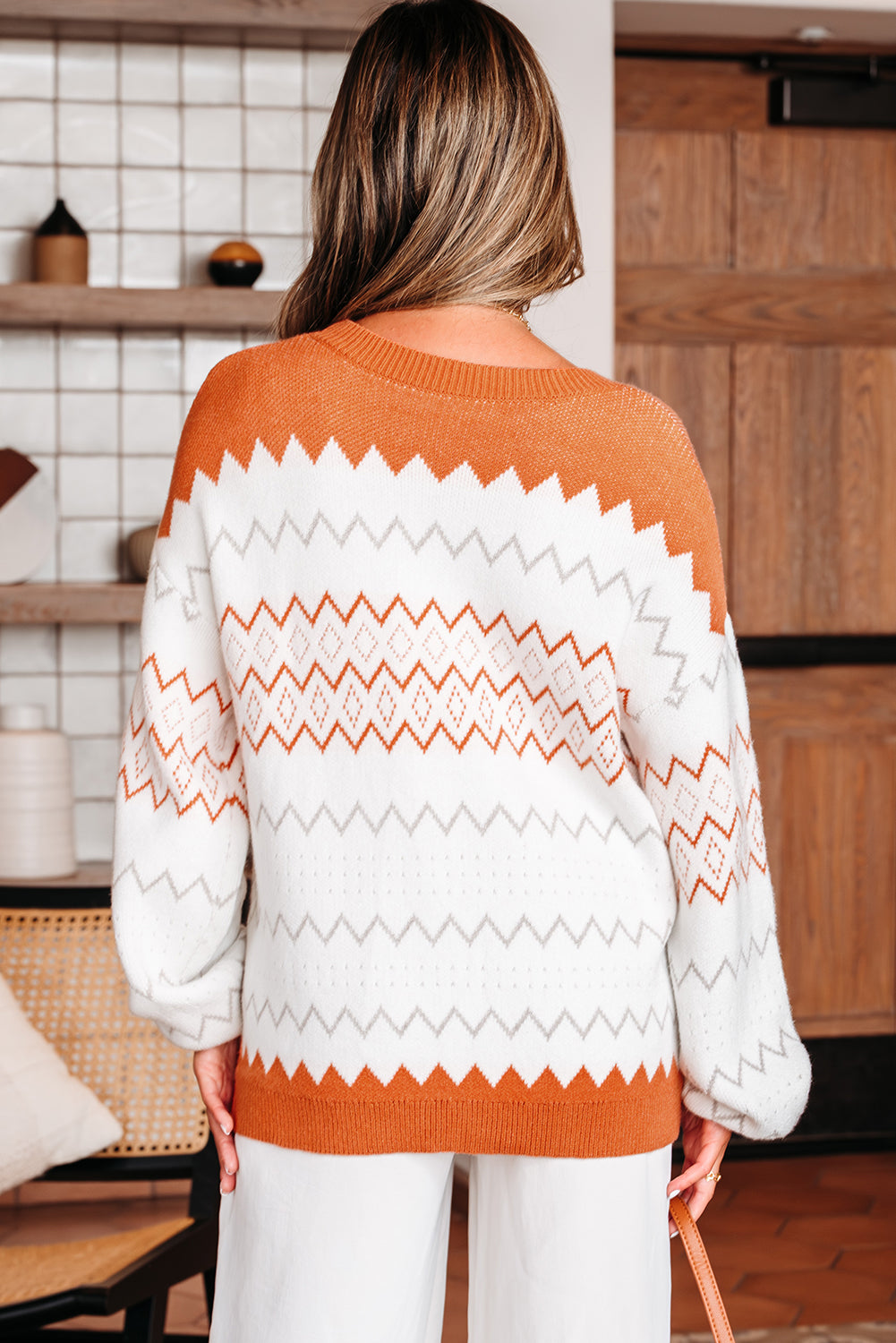 Khaki Zigzag Geometric Pattern Knitted Pullover Sweater - Bold Design