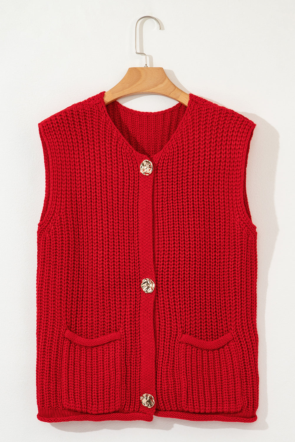 Fiery Red Solid Textured Knit Side Pockets Buttoned Sweater Vest - Bold Statement