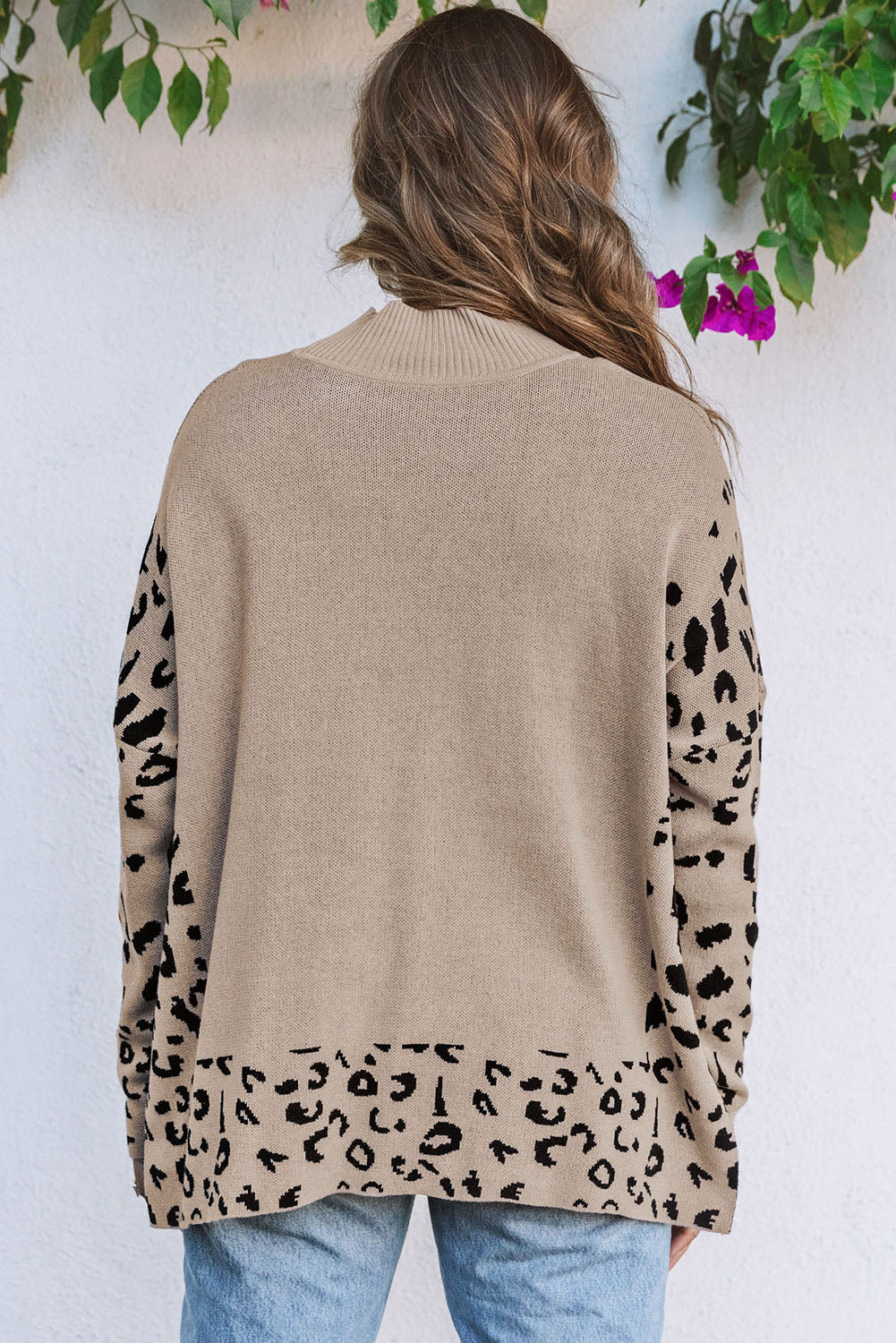 Khaki Leopard Print High Neck Oversized Sweater - Trendy Side Slits