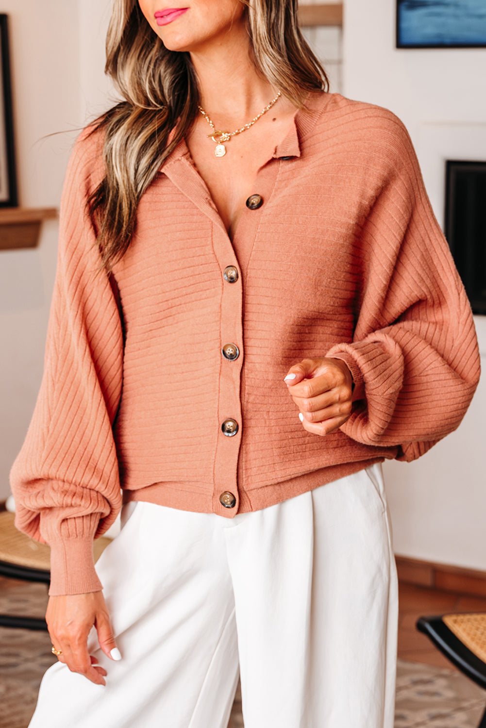 Apricot Pink Wide Rib Knit Button Front Dolman Sleeve Sweater Cardigan - Soft Romance
