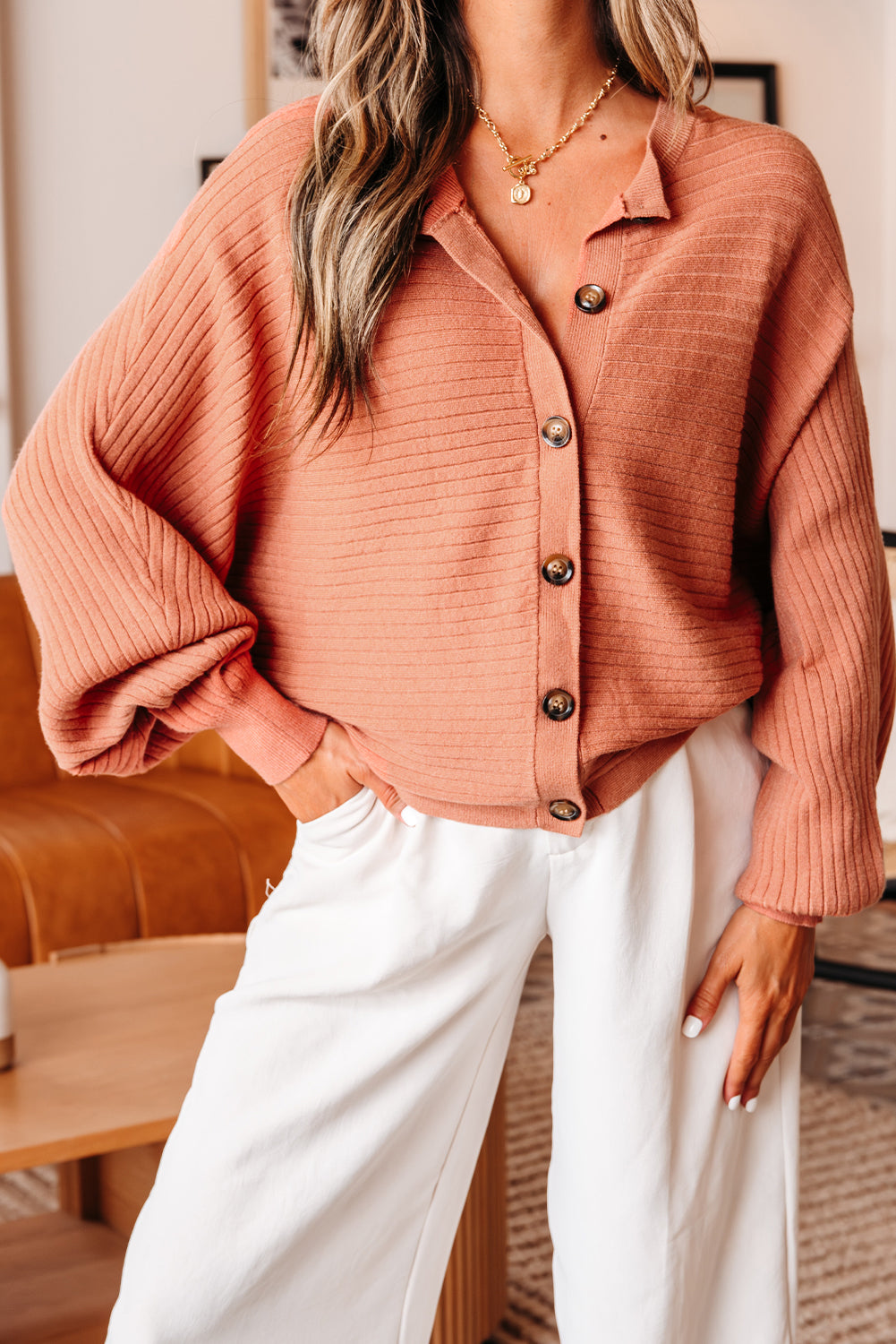 Apricot Pink Wide Rib Knit Button Front Dolman Sleeve Sweater Cardigan - Soft Romance