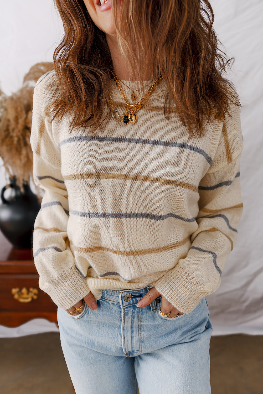 Multicolour Striped Ribbed Edge Drop Shoulder Sweater - Rainbow Style