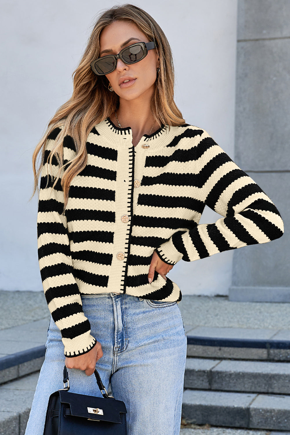 Apricot Stripe Chic Golden Button Cardigan Sweater - Luxe Details