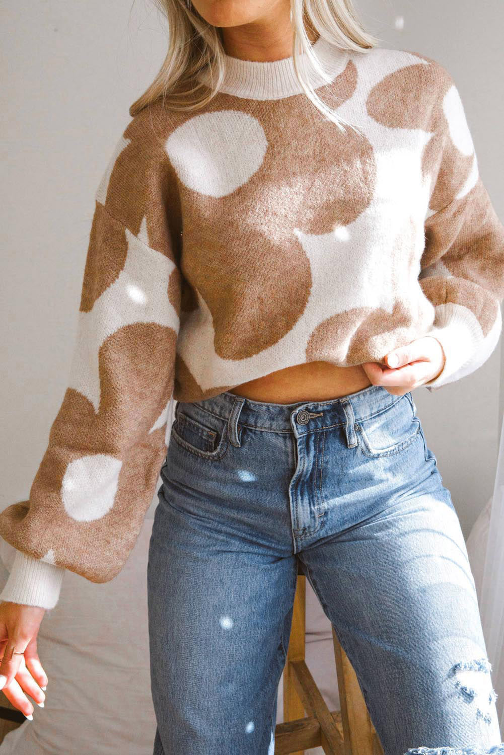 Khaki Big Flower Pattern Drop Shoulder Sweater - Romantic Floral Design