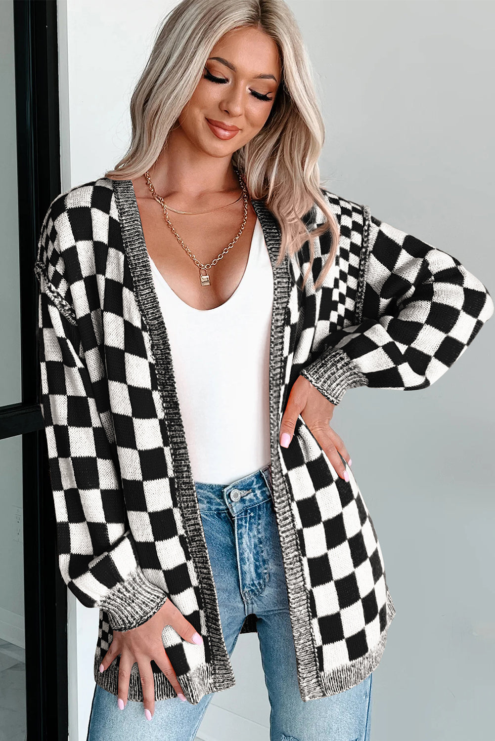 Black Checkered Open Front Drop Shoulder Cardigan - Timeless Classic Layer