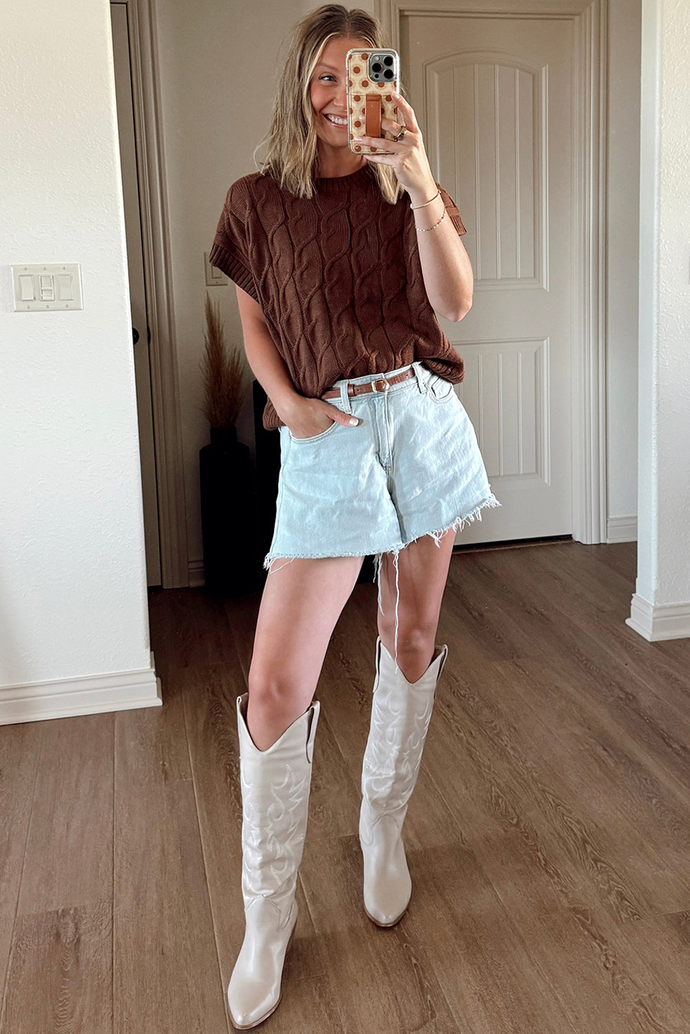 Dark Brown Cable Texture Crew Neck Short Sleeve Sweater Top - Rich Elegance