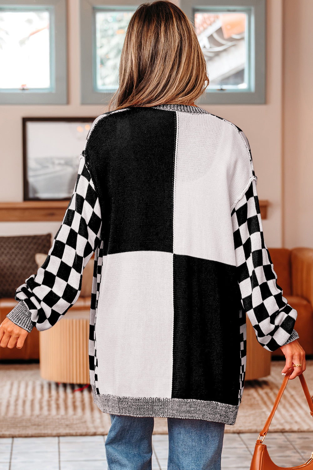 Black Checkered Open Front Drop Shoulder Cardigan - Timeless Classic Layer