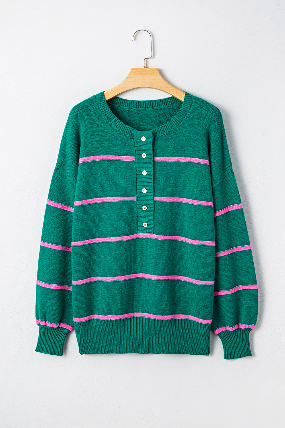 Green Stripe Half Buttons Drop Shoulder Oversized Sweater - Casual Comfort