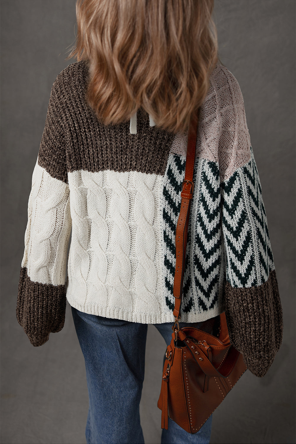 Brown Color Block Patchwork Knotted Back Loose Fit Sweater - Artistic Design