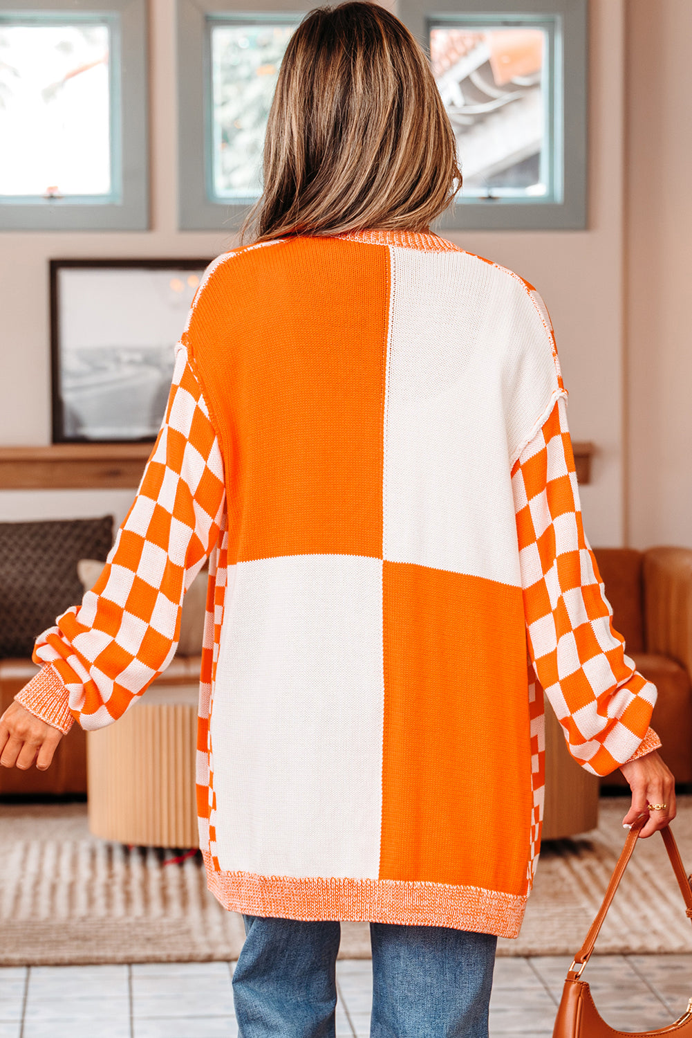 Orange Checkered Open Front Drop Shoulder Cardigan - Vibrant Fall Layer