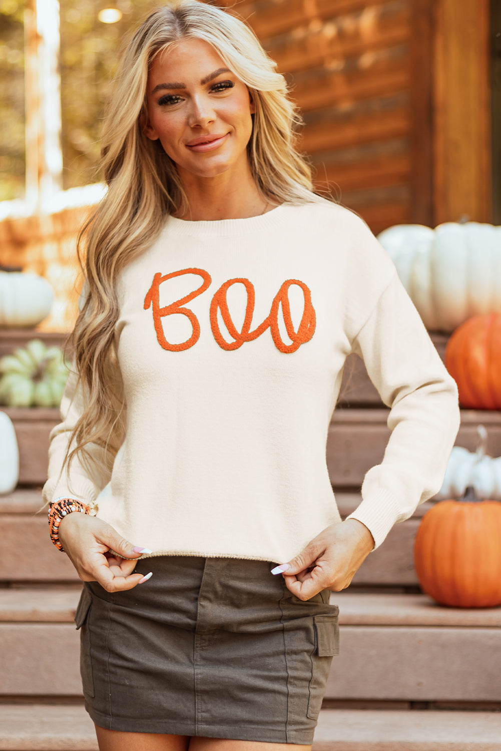 Apricot Boo Knitted Pattern Ribbed Edge Drop Shoulder Sweater - Playful Style