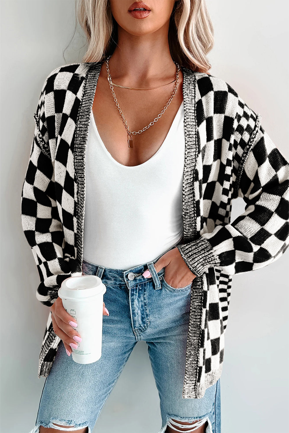 Black Checkered Open Front Drop Shoulder Cardigan - Timeless Classic Layer