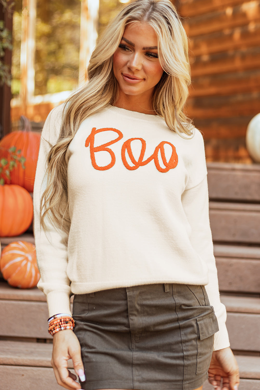 Apricot Boo Knitted Pattern Ribbed Edge Drop Shoulder Sweater - Playful Style